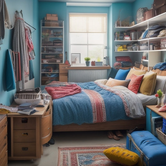 A cluttered, cramped studio apartment with a messy bed, overflowing closet, and scattered belongings, contrasted with a neat, organized version of the same space with multi-functional furniture and hidden storage solutions.