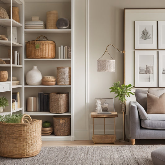 A serene, well-lit living room with a few, carefully selected decorative items, featuring a sleek, minimalist shelving unit with neatly stacked books and a few, thoughtfully placed baskets.
