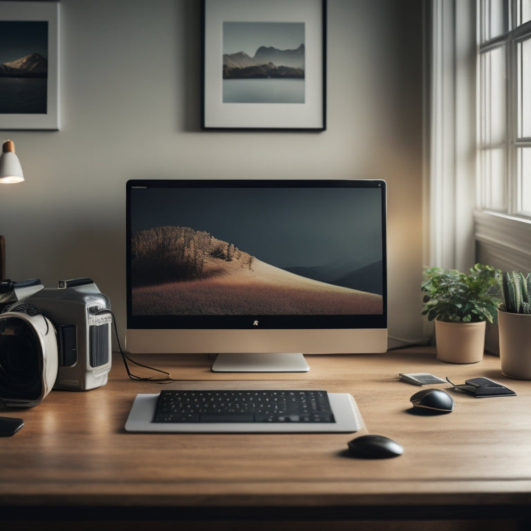A serene, minimalist workspace with a tidy laptop, a few organized cords, and a subtle digital dashboard on the screen, surrounded by a blurred-out cluttered background.