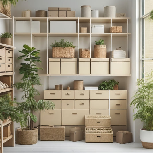 An organized storage unit with neatly stacked boxes, labeled folders, and a few decorative plants, set against a clean white background with subtle shadows and soft natural light.