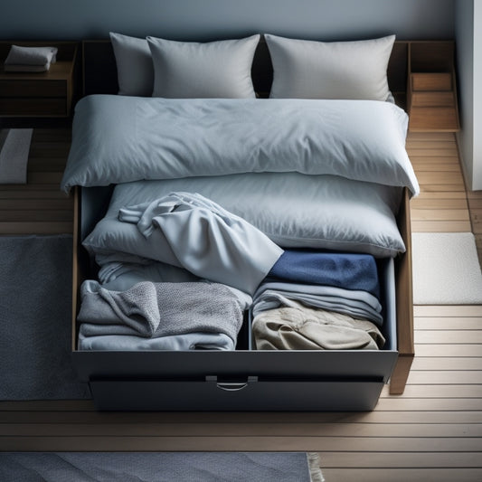 A neatly made bed with a zippered storage container at the foot, containing folded clothes, with a few garments spilling out, surrounded by a clutter-free bedroom with a minimalist aesthetic.