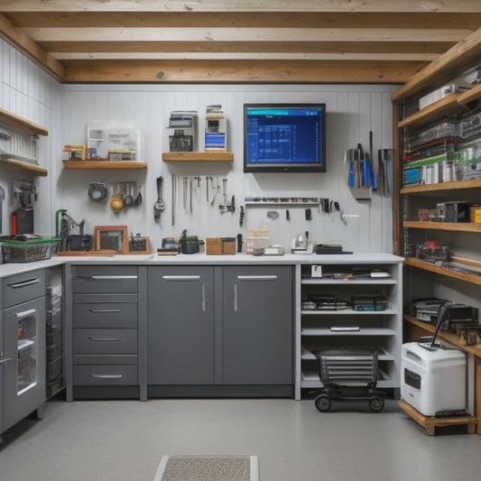 A clutter-free garage with a sleek, silver smart cabinet featuring a digital touchscreen, surrounded by organized tools and equipment, with a few tablets and laptops displaying storage apps in the background.