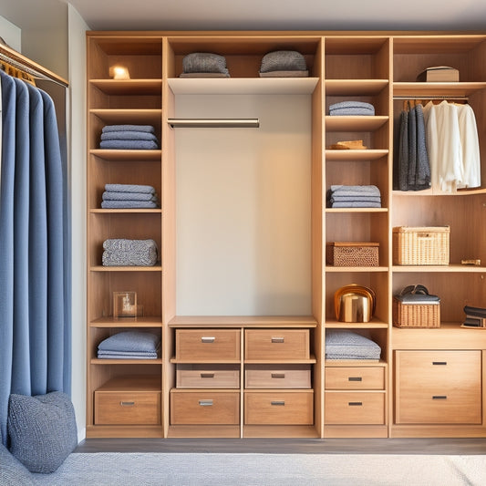 A serene, well-lit closet interior with sleek, custom-built shelves in a warm wood tone, featuring a mix of open and closed storage compartments, and a few stylish, minimalist decorative pieces.