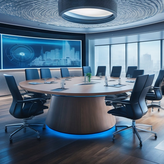 A futuristic, minimalist conference room with a large, sleek wooden table and ergonomic chairs, featuring a holographic display projecting 3D blueprints of innovative storage solutions.