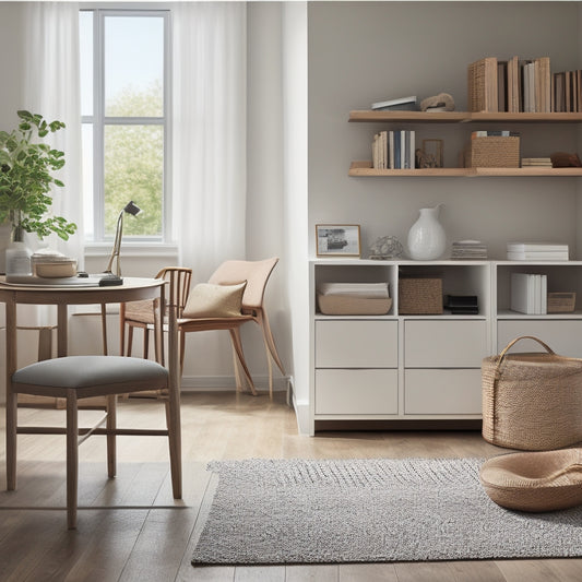 A tidy, minimalist living room with a small desk, a laptop open to a home organization app, and a few, carefully arranged storage bins and baskets in the background.