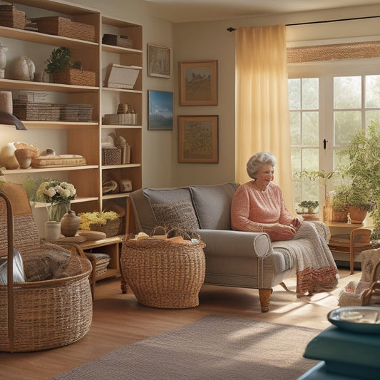 A serene, well-organized living room with a senior adult sitting comfortably, surrounded by clever storage solutions: woven baskets, labeled shelves, and a clutter-free floor, with natural light pouring in.