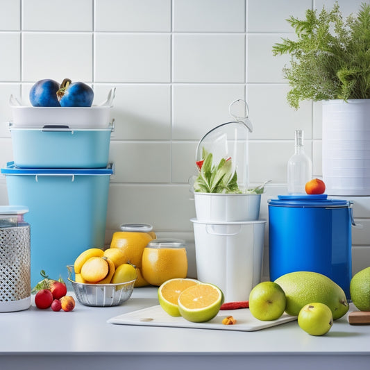A bright, modern kitchen with a set of collapsible containers in various sizes, stacked and arranged artfully on a sleek, white countertop, surrounded by fresh fruits and cooking utensils.
