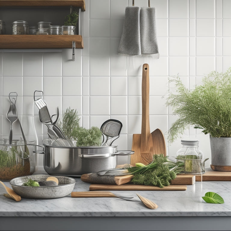 A tidy kitchen countertop with a utensil organizer in the center, containing neatly arranged whisks, spatulas, and tongs, surrounded by a few cookbooks and a small potted herb plant.