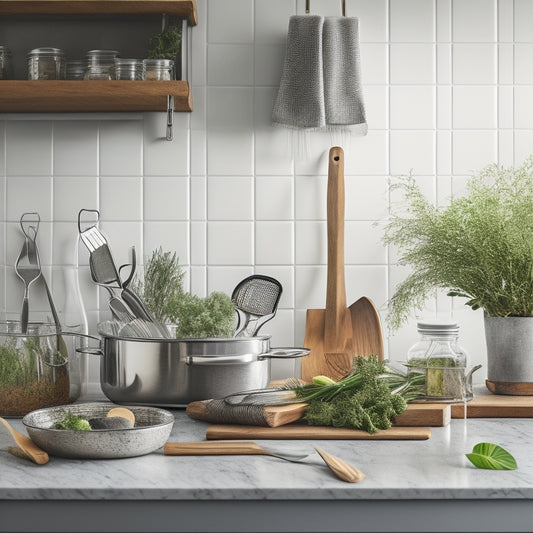 A tidy kitchen countertop with a utensil organizer in the center, containing neatly arranged whisks, spatulas, and tongs, surrounded by a few cookbooks and a small potted herb plant.