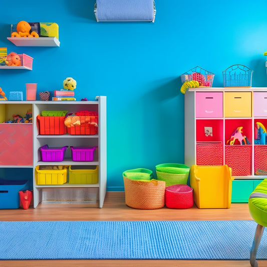 A colorful and clutter-free playroom with a wall-mounted shelf holding baskets, bins, and toys, alongside a stackable storage cube and a labeled storage ottoman in the corner.