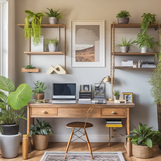 A clutter-free home office with a tidy desk, a few organized storage bins, and a laptop displaying a digital calendar, surrounded by a few well-arranged houseplants and a minimalist shelf with a few favorite books.