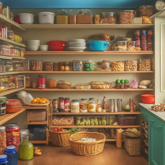 A cluttered pantry with open shelves, overflowing with various food items, kitchen gadgets, and cookbooks, with a few fallen or toppled containers, and a faintly visible "lack of space" feeling.