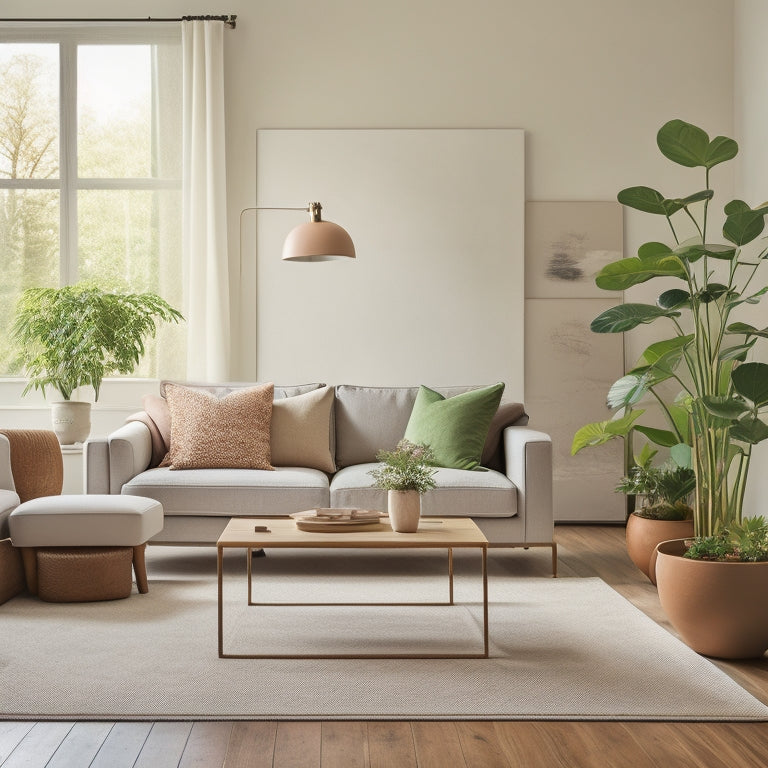 A serene, clutter-free living room with a sleek, low-profile sofa, a minimalist coffee table, and a few carefully-placed potted plants against a soft, creamy white background.