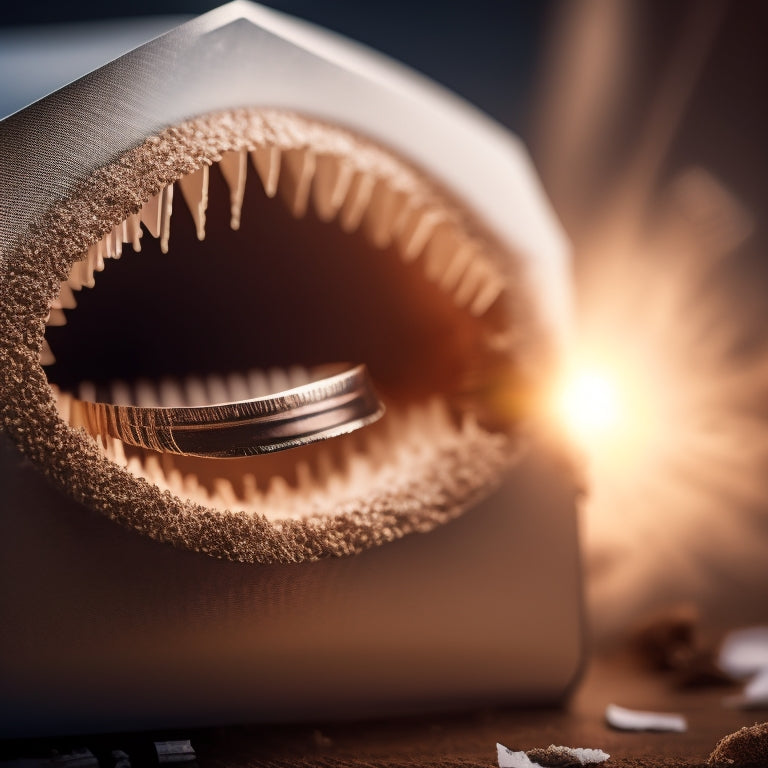 A close-up of a paper shredder's metal teeth devouring a confidential document, with torn strips of paper spilling out, surrounded by a halo of light, against a dark, gradient background.