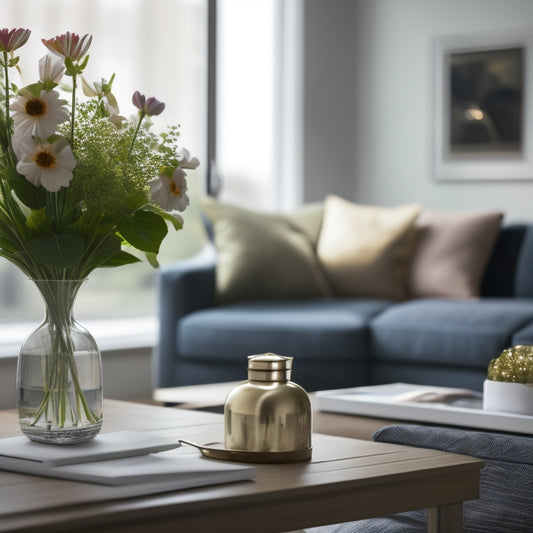 A tidy, modern living room with a few, carefully-placed decorative items, a vase with fresh flowers, and a subtle background with a calendar or planner visible, hinting at organization.