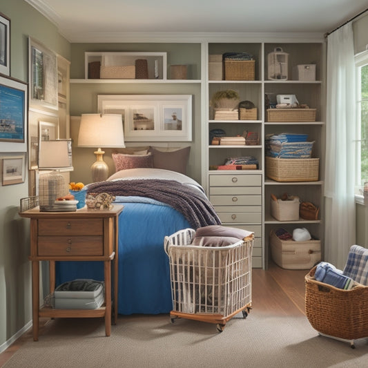 An organized senior's bedroom with a walker nearby, featuring a compact storage ottoman, labeled baskets on a shelf, and a simple-to-use file cabinet with pull-out drawers.