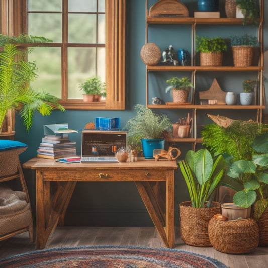 A tidy, well-lit home office with a wooden desk, a wicker basket, and a few colorful binders, surrounded by potted plants and a few strategically placed decorative objects.