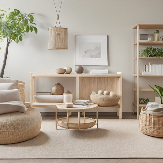 A minimalist, modern living room with a neutral color palette, featuring a sleek coffee table with a few Joybos Storage Baskets in natural wicker and beige linen, carefully arranged with books, plants, and decorative objects.