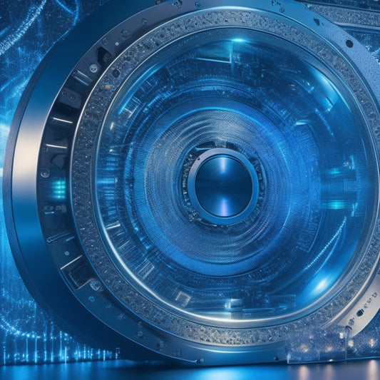 A futuristic, high-tech background with sleek, silver hard drives and SSDs arranged in a circular pattern, surrounded by swirling lines and shapes resembling data streams, with a subtle glow effect.