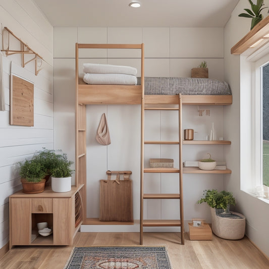 A cozy, minimalist tiny house interior with a Murphy bed, ladder, and fold-down table, featuring clever storage solutions like woven baskets, hanging organizers, and multi-tiered shelves.