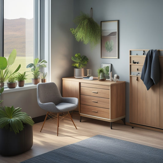 A tidy, well-lit room with a murphy bed, foldable desk, and storage ottoman, showcasing a minimalist aesthetic with a few, carefully-placed decorative items and a small potted plant.