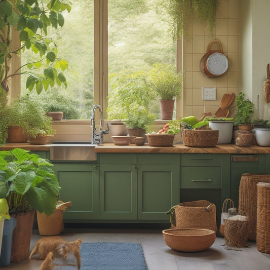 A serene, clutter-free kitchen with a few, carefully chosen, eco-friendly products on a wooden countertop, surrounded by lush greenery, and a small, overflowing compost bin in the corner.