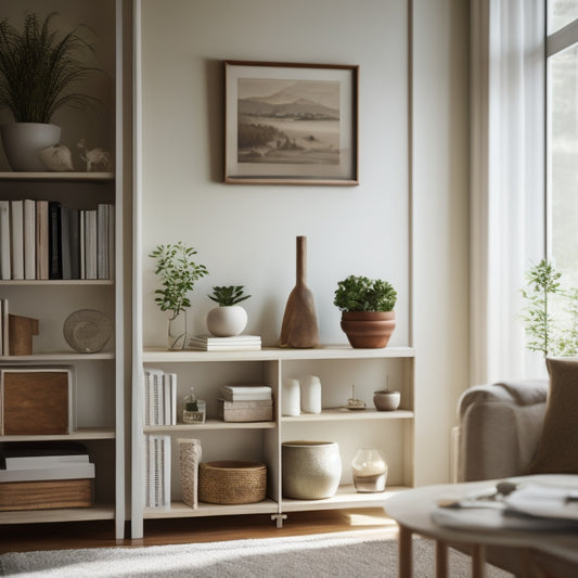 A serene, minimalist living room with a few, carefully selected decorative items, a tidy bookshelf, and a single, open drawer revealing organized contents, illuminated by a warm, natural light.
