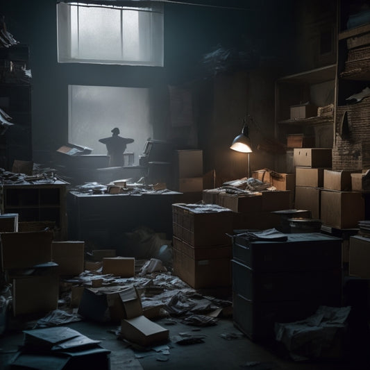 A dimly lit, cluttered room with stacks of dusty boxes, torn papers, and broken appliances, surrounded by narrow pathways, with a faint glimpse of a person's silhouette in the background, overwhelmed by the chaos.