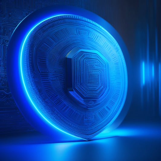 A shield-like shape formed by intertwined locks, surrounded by a subtle circuit board pattern, with a faint glow emanating from the center, set against a dark blue background with subtle gradient effects.