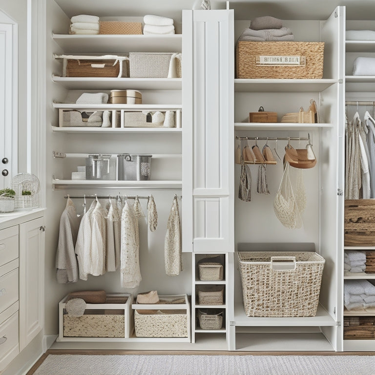 A tidy closet with a mix of open shelves, closed cabinets, and hanging rods, featuring a pegboard with baskets, bins, and hooks, amidst a calming background of soft whites and creamy woods.