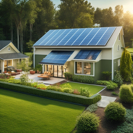 A serene suburban home with solar panels on the roof, a battery storage unit in the yard, and a lush green garden, surrounded by a subtle grid of interconnected lines symbolizing energy resilience.