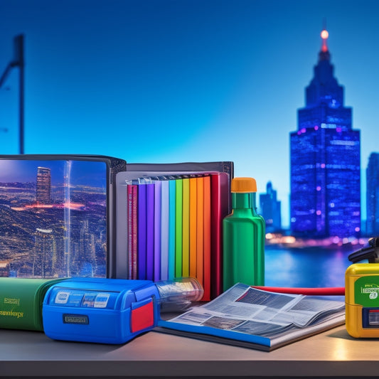 A binder with color-coded tabs, surrounded by emergency icons (first aid kit, flashlight, megaphone), with a cityscape or neighborhood in the background, conveying a sense of organization and preparedness.