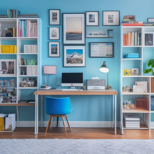 A colorful, clutter-free home office with a tidy desk, a laptop, and a few neatly labeled folders, surrounded by a minimalist bookshelf and a few framed inspirational quotes on the wall.