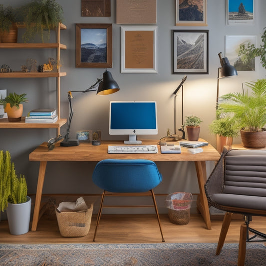 A tidy, well-lit home office with a wooden desk, ergonomic chair, and a few essential tools: a wireless keyboard, a paper tray, a small potted plant, and a bulletin board with colorful notes.