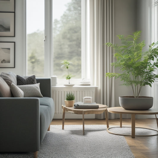 A serene, minimalist living room with a few unpacked boxes, a vacuum in the corner, and a single, blooming potted plant on a clutter-free coffee table, surrounded by natural light.
