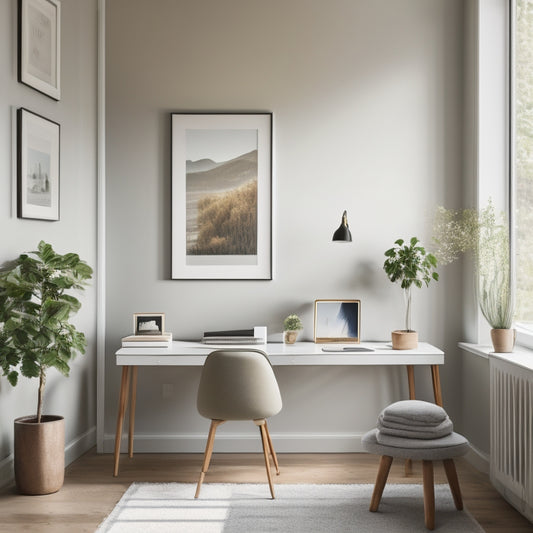 A serene, minimalist home office with a tidy desk, a laptop, and a few organized files, surrounded by a calm color palette and plenty of natural light, with a subtle hint of a digital tablet in the corner.
