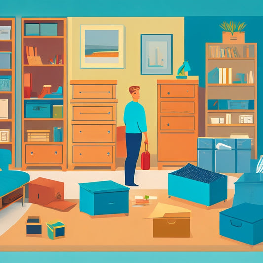 A minimalist illustration of a person standing in a cluttered room, surrounded by boxes and furniture, with a thought bubble containing a tidy, organized space with labeled storage bins and a few pieces of furniture.