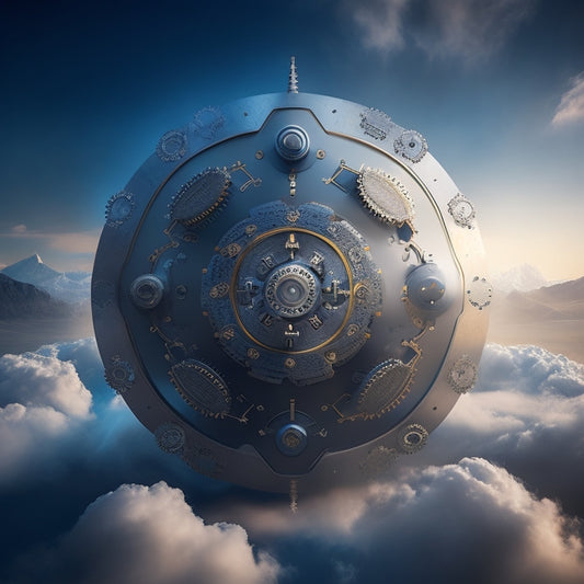 A stylized cloud formation in the shape of a shield, surrounded by orbiting gears and cogs, with a subtle network of wires and circuits in the background, conveying protection and organization.