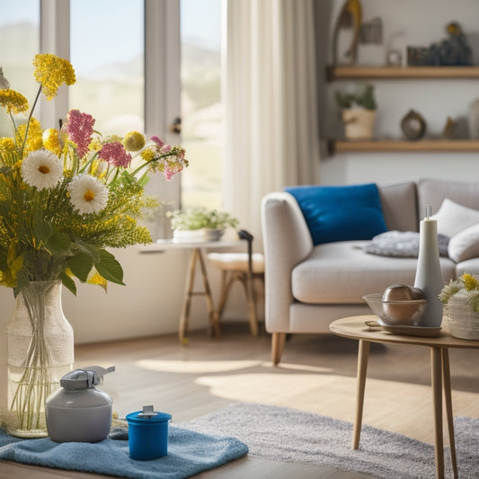 A bright, airy living room with a mix of decluttered and cluttered areas, a vacuum cleaner and cleaning supplies in the foreground, and a few blooming flowers or a vase with greenery on a nearby table.