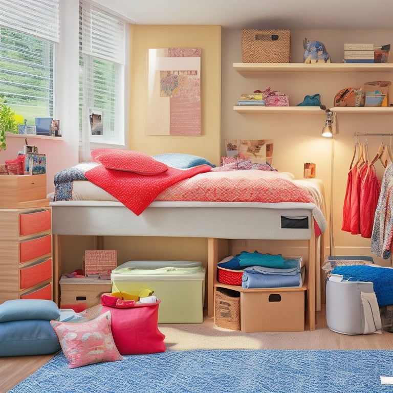 A clutter-free dorm room with a bed elevated on storage bins, a compact desk organizer, and a stack of labeled boxes in the corner, surrounded by a few remaining summer clothing items.