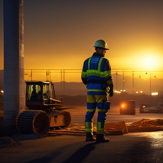 A dimly lit construction site at dawn, with a lone worker in the foreground wearing a hard hat, vest, and gloves, surrounded by caution tape, cones, and a faint OSHA logo in the background.