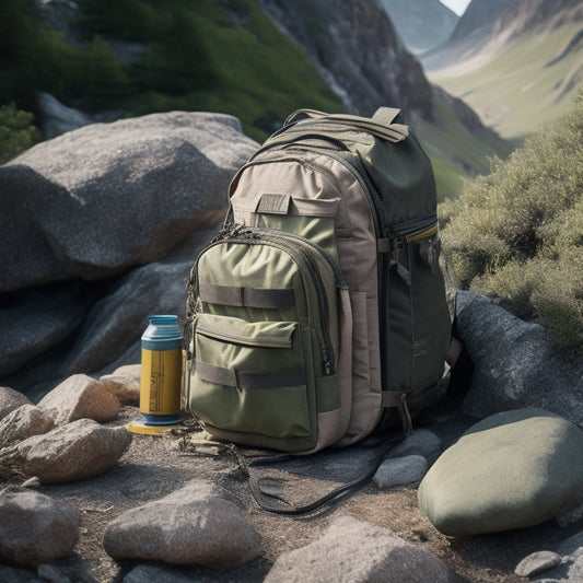 A dusty, worn-out backpack lies open on a rocky terrain, with the Grenadier Manual Pouch in the center, surrounded by scattered outdoor gear, ropes, and a topographic map.