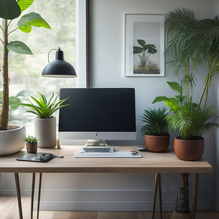 A minimalist, modern, clutter-free home office with a compact desk, a laptop, and a few, carefully chosen, sleek digital devices, surrounded by a few, strategically placed, potted plants.