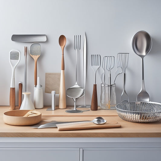 A tidy kitchen counter with a wooden utensil organizer, containing a neatly arranged set of stainless steel utensils, including a whisk, tongs, and spatula, against a clean white background.