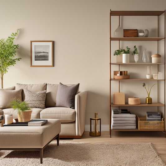 A serene, well-lit living room with a minimalist aesthetic, featuring a sleek, wooden shelving unit, a few, carefully selected decorative items, and a few, neatly stacked storage bins.