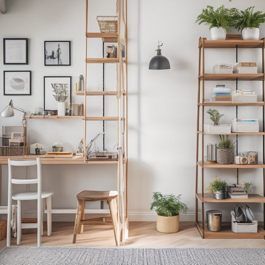 A tidy, modern apartment with a few clever DIY organization hacks: a repurposed ladder turned bookshelf, a hanging shoe organizer for storage, and a minimalist desk with stacked wooden crates.