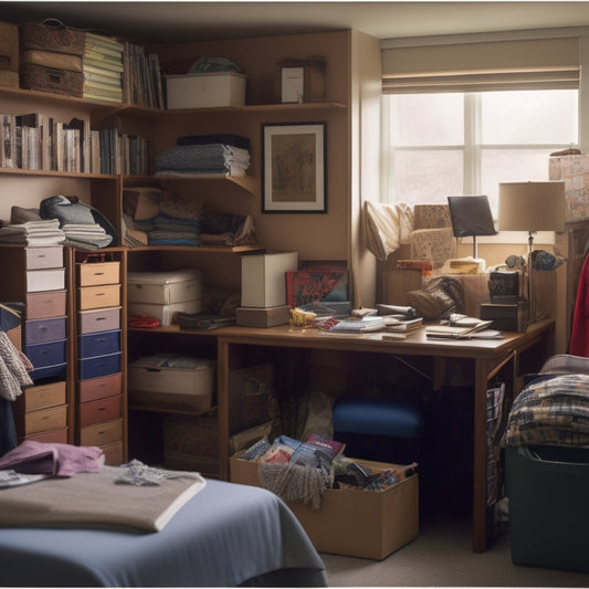 A cluttered dorm room with a messy desk, scattered books, and clothes strewn about, contrasted with a tidy, organized storage unit in the corner, filled with labeled bins and stacked crates.