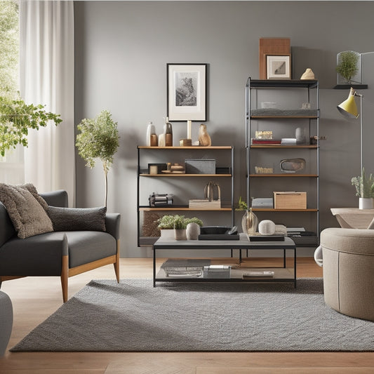 A tidy, modern living room with a tablet on a minimalist coffee table, surrounded by neatly labeled storage bins, a floor-to-ceiling shelving unit, and a few carefully placed decorative items.