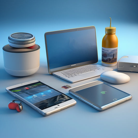 A 3D illustration of a tablet computer with a download icon hovering above its screen, surrounded by various product items such as a smartphone, headphones, and a laptop.