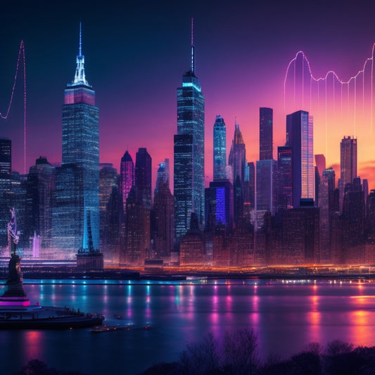 A vibrant, stylized illustration of the Manhattan cityscape at dusk, with glowing data streams and graphs emerging from iconic landmarks, such as the Statue of Liberty and the New York Public Library.